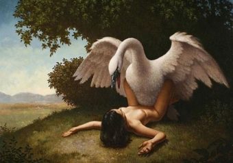 Leda fucked by Zeus, having transformed himself into a swan. Little-known fact: swans have penises.